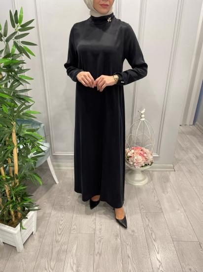 Broş Detaylı Kupra Uzun Elbise -Vavel Butik