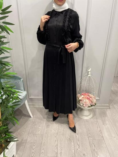 Balon Kollu Önü Fırfırlı Kupra Elbise -Vavel Butik