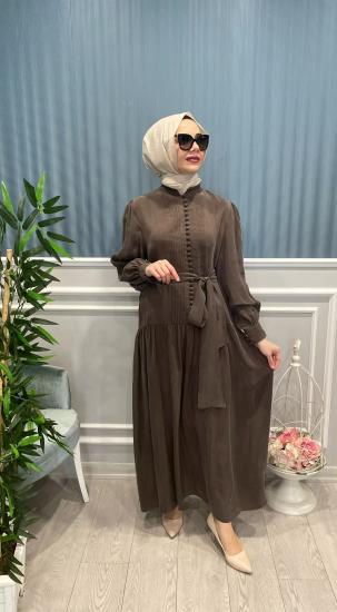 İçi Astarlı Beli Seyyar Kemerli Önden Düğmeli Kupra İpek Elbise -Vavel Butik