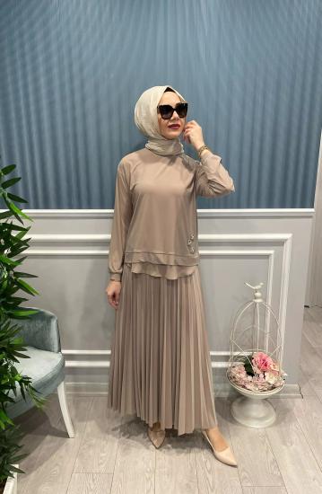 Tuniğinin Önü Boncuk Taş Ve Şifon Detay Pliseli Sandy Etekli Takım -Vavel Butik