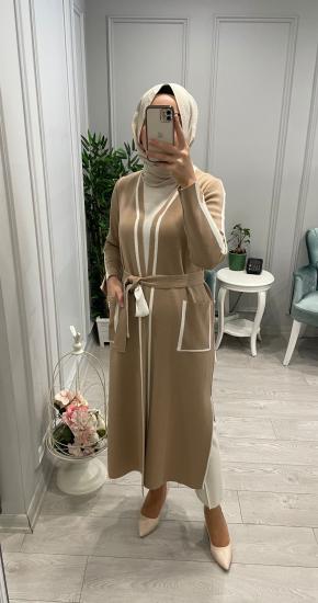 Missdalida Önü Şeritli Yırtmaçlı Kuşaklı Hırka