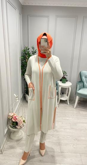 Turuncu Çizgili Önü Acık Çepli Hırka -Vavel Butik